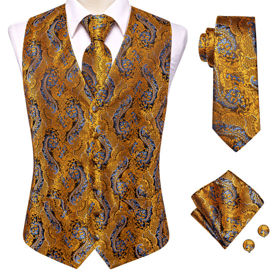 Barry. Wang Gold Paisley Silk Mens Vest Hanky Cufflinks Tie Set Waistcoat Suit Set