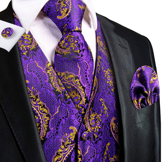 Barry. Wang Purple Gold Paisley Silk Mens Vest Hanky Cufflinks Tie Set Waistcoat Suit Set
