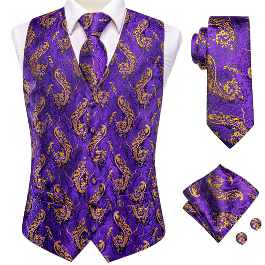 Barry. Wang Purple Gold Paisley Silk Mens Vest Hanky Cufflinks Tie Set Waistcoat Suit Set