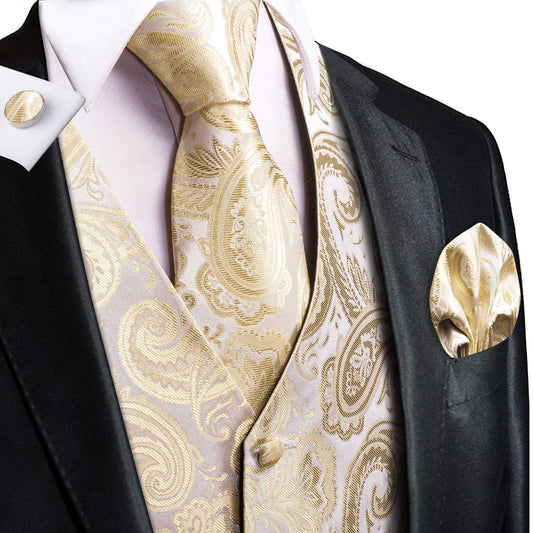 Barry. Wang Champagne Silk Mens Vest Hanky Cufflinks Tie Set Waistcoat Suit Set
