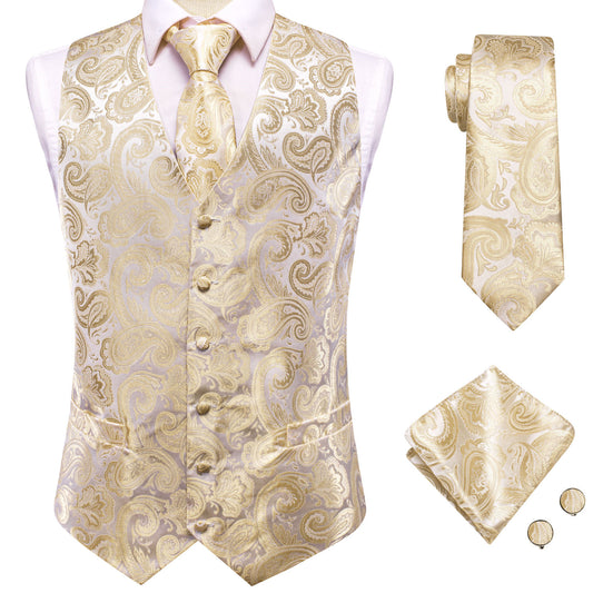Barry. Wang Champagne Silk Mens Vest Hanky Cufflinks Tie Set Waistcoat Suit Set