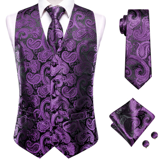 Barry. Wang Purple Black Paisley Silk Mens Vest Hanky Cufflinks Tie Set Waistcoat Suit Set