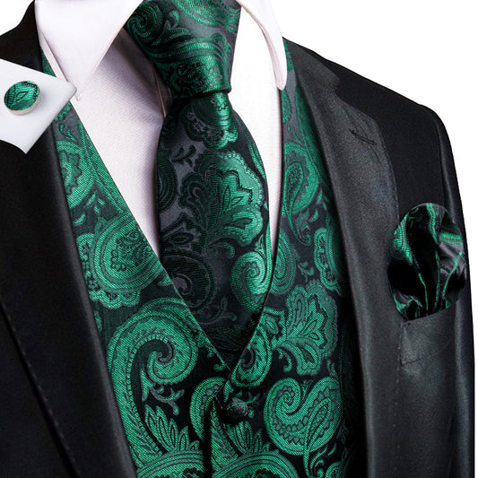 Barry. Wang Emerald Green Paisley Silk Mens Vest Hanky Cufflinks Tie Set Waistcoat Suit Set