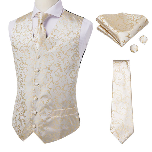 Barry. Wang Champagne Floral Silk Mens Vest Hanky Cufflinks Tie Set Waistcoat Suit Set