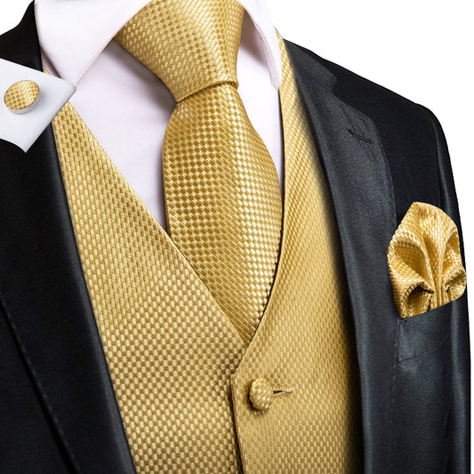 Barry. Wang Gold Plaid Silk Mens Vest Hanky Cufflinks Tie Set Waistcoat Suit Set
