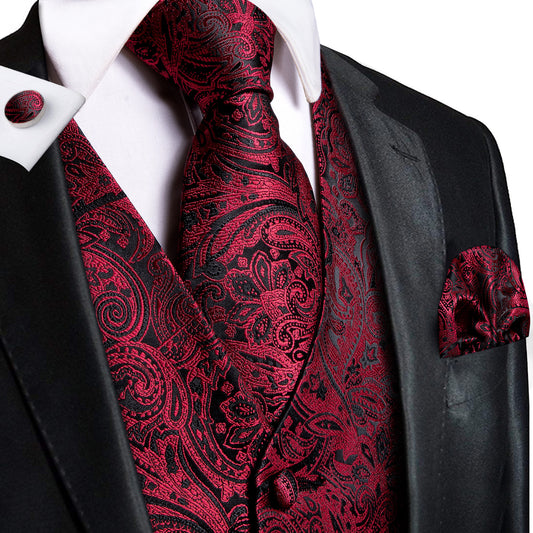 Barry. Wang Red Paisley Silk Mens Vest Hanky Cufflinks Tie Set Waistcoat Suit Set