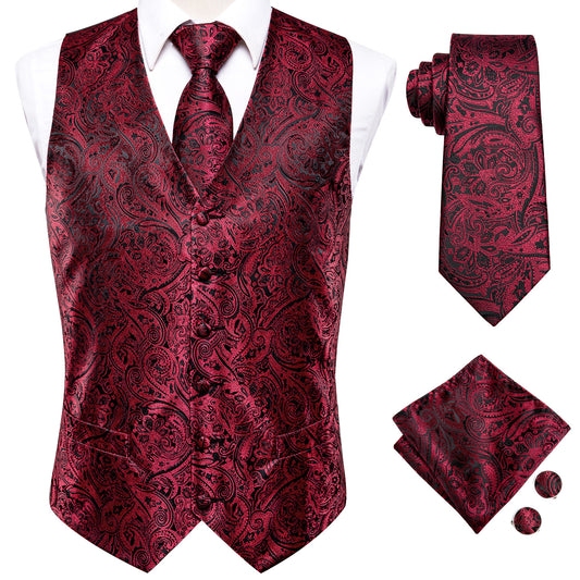 Barry. Wang Red Paisley Silk Mens Vest Hanky Cufflinks Tie Set Waistcoat Suit Set