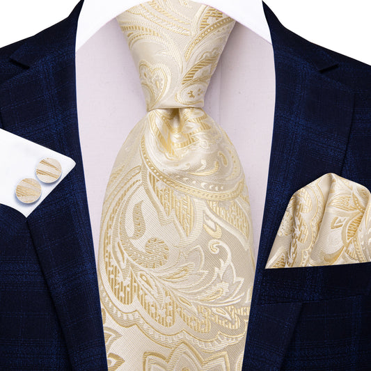 Barry. Wang Beige Paisley Mens Tie Pocket Square Cufflinks Set