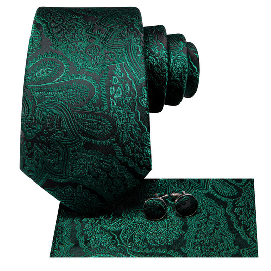 Barry. Wang Hunter Green Paisley Mens Tie Pocket Square Cufflinks Set