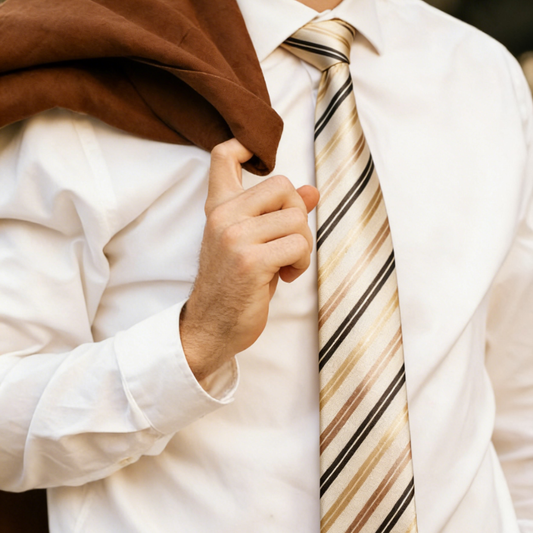 Barry. Wang Silk Striped Tie Champagne Gold Brown Necktie Pocket Square Cufflinks Set for Men Business