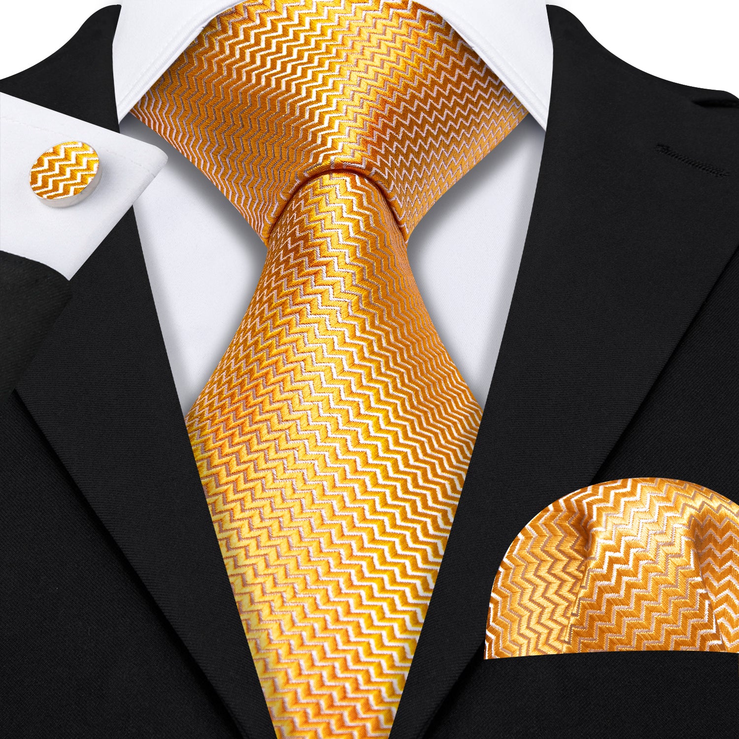 Gold Ripple Silk 63 Inches Extra Long Tie Hanky Cufflinks Set
