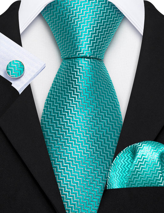Sea Foam Ripple Silk Men Extra Long Tie Hanky Cufflinks Set