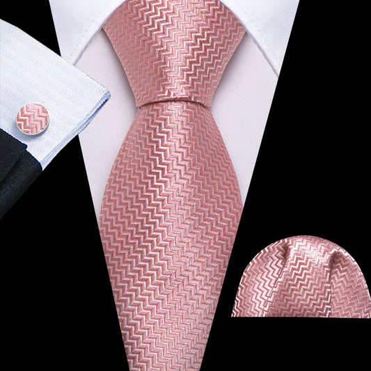 Pink Ripple Silk 63 Inch Extra Long Tie Hanky Cufflinks Set