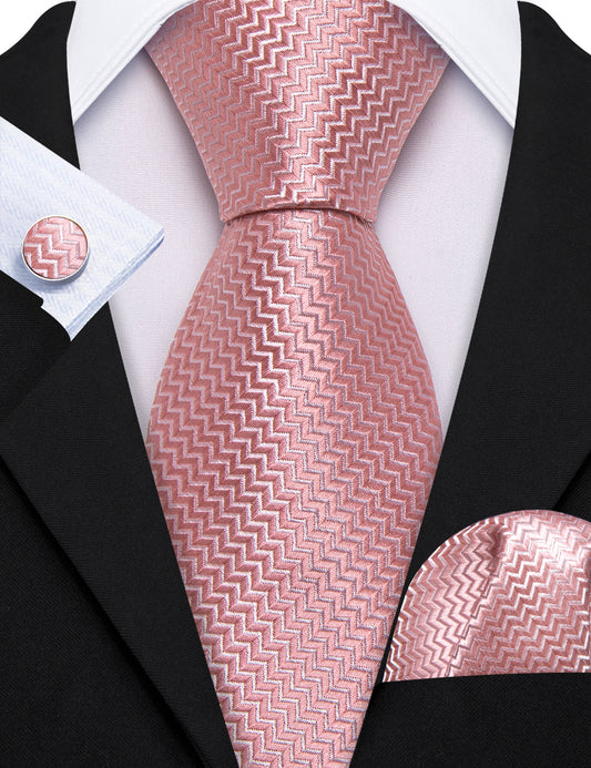 Pink Ripple Silk 63 Inch Extra Long Tie Hanky Cufflinks Set