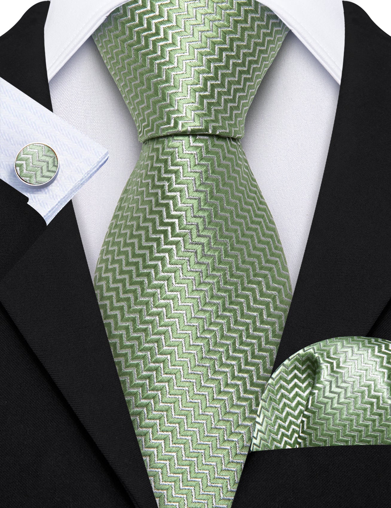 Sage GreenSilk 63 Inches Extra Long Tie Hanky Cufflinks Set