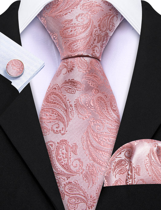 Pink Paisley 63 Inches Extra Long Tie Hanky Cufflinks Set