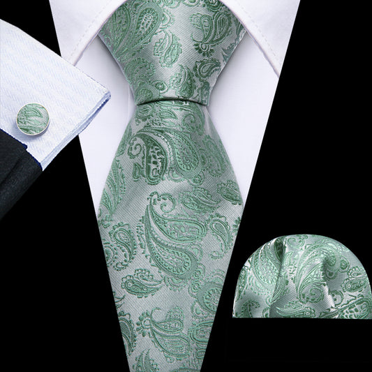Barry. Wang Extra Long Tie Sage Green Silver Paisley Silk Necktie Hanky Cufflinks Set for Wedding Prom