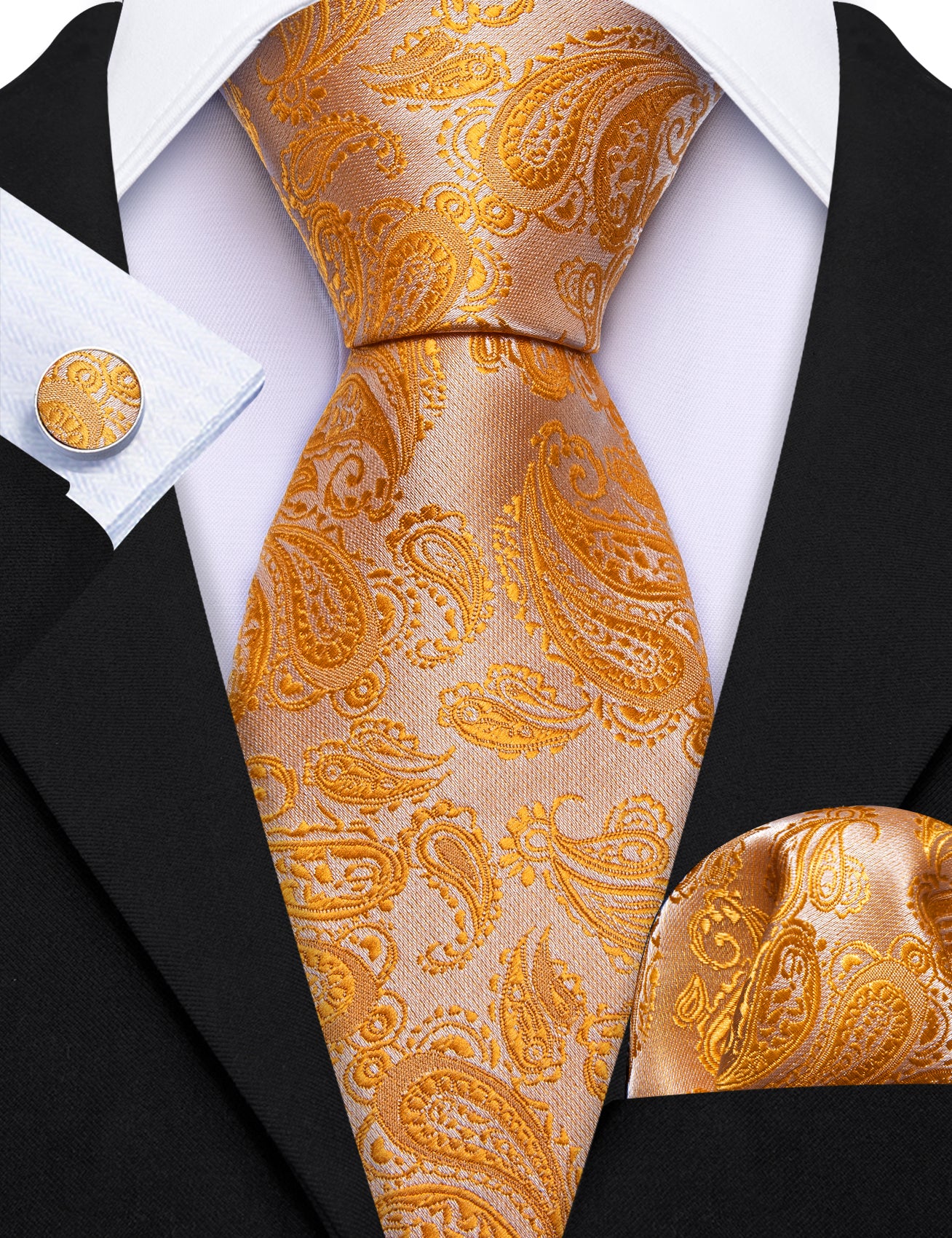 Orange Paisley Silk 63 Inches Extra Long Tie Hanky Cufflinks Set