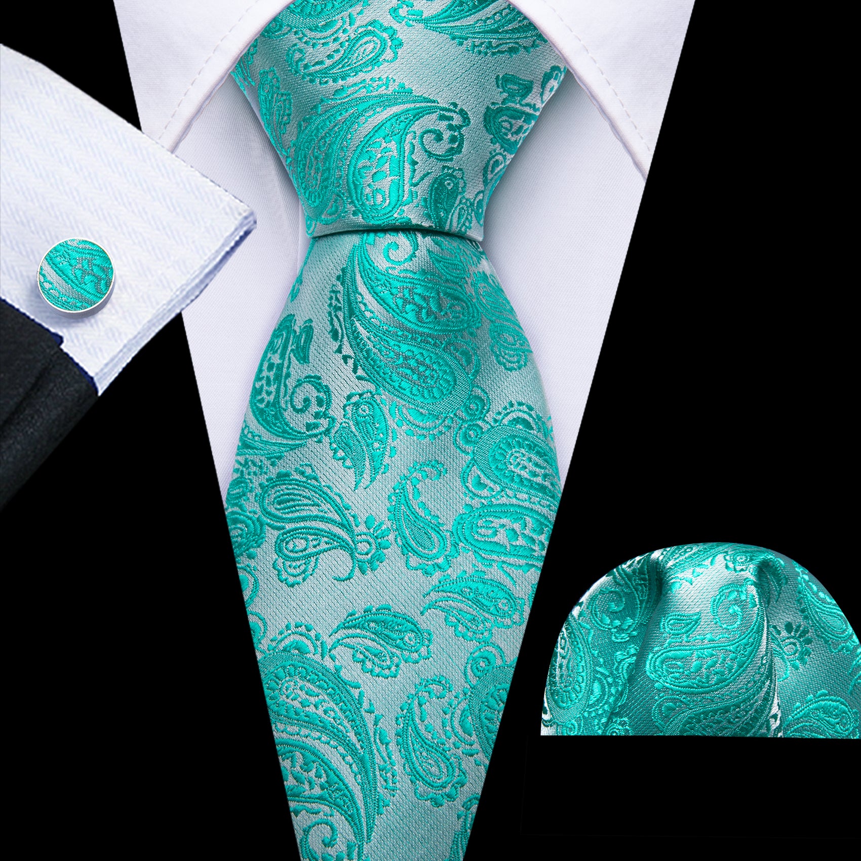 Aqua Silver Paisley Silk 63 Inches Extra Long Tie Hanky Cufflinks Set