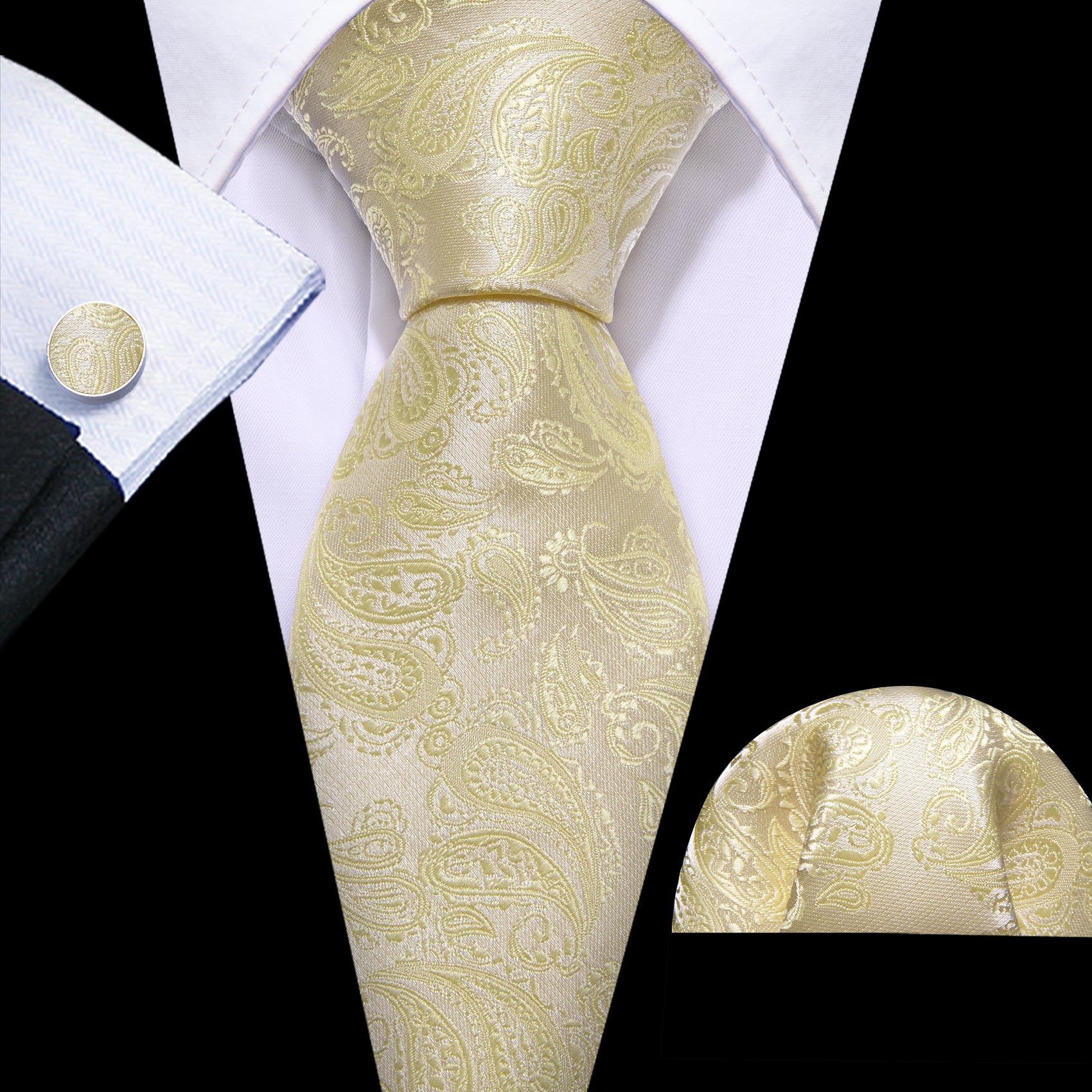 Yellow Silver Paisley Silk 63 Inches Extra Long Tie Hanky Cufflinks Set