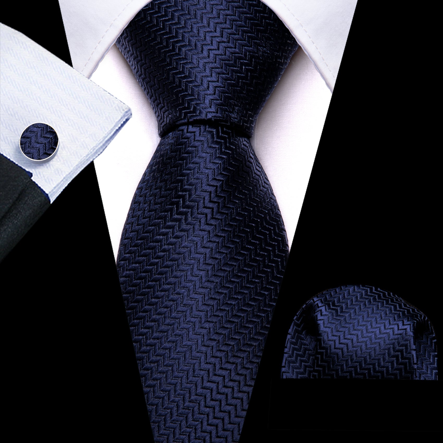 Deep Blue Silk 63 Inches Extra Long Tie Pocket Square Cufflinks Set