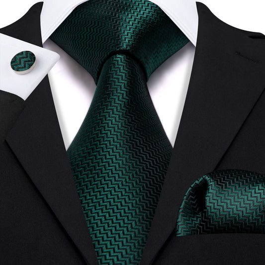 Dark Green Silk 63 Inches XL Tie Pocket Square Cufflinks Set