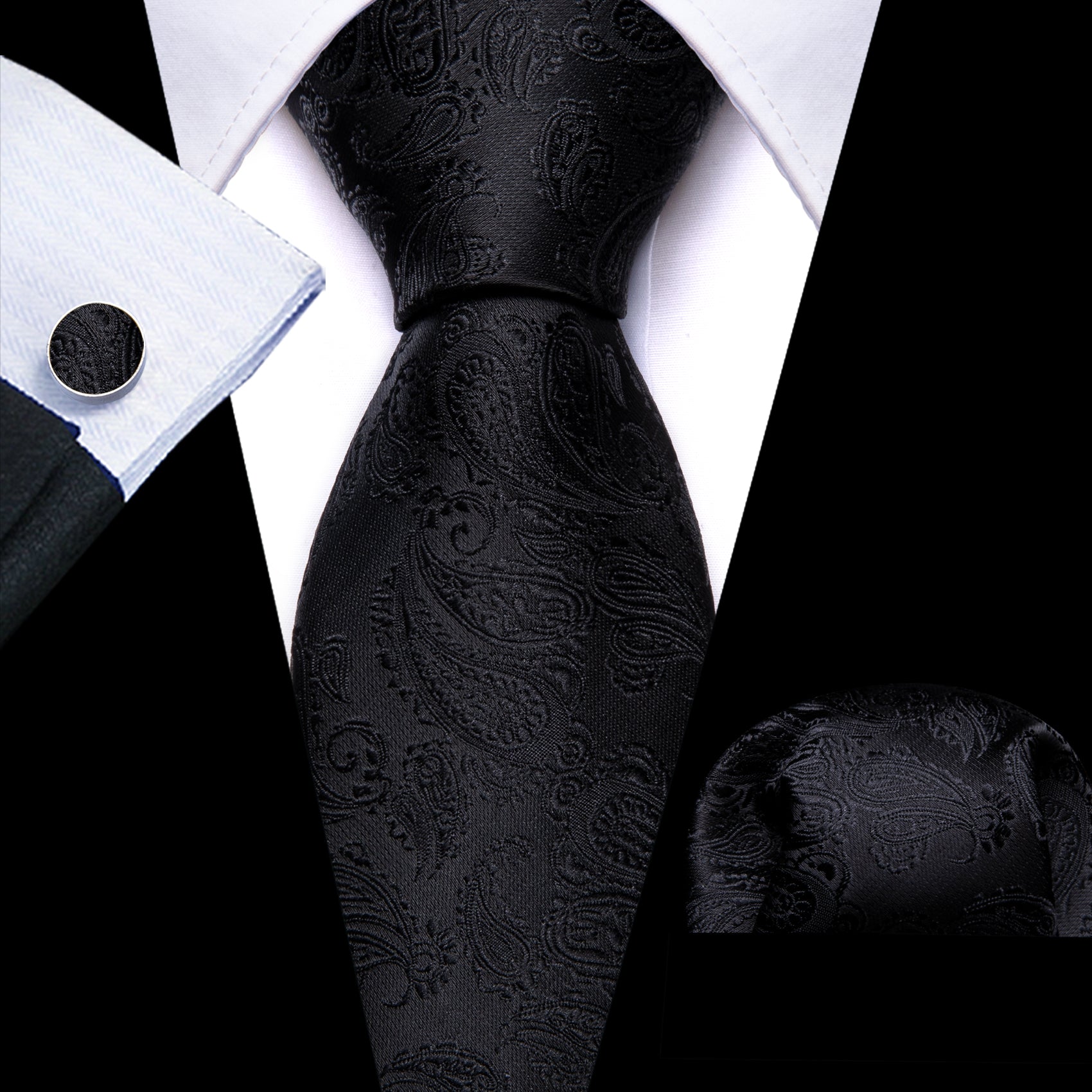 Barry. Wang Black Tie Paisley Silk 63 Inches Extra Long Tie Pocket Square Cufflinks Set