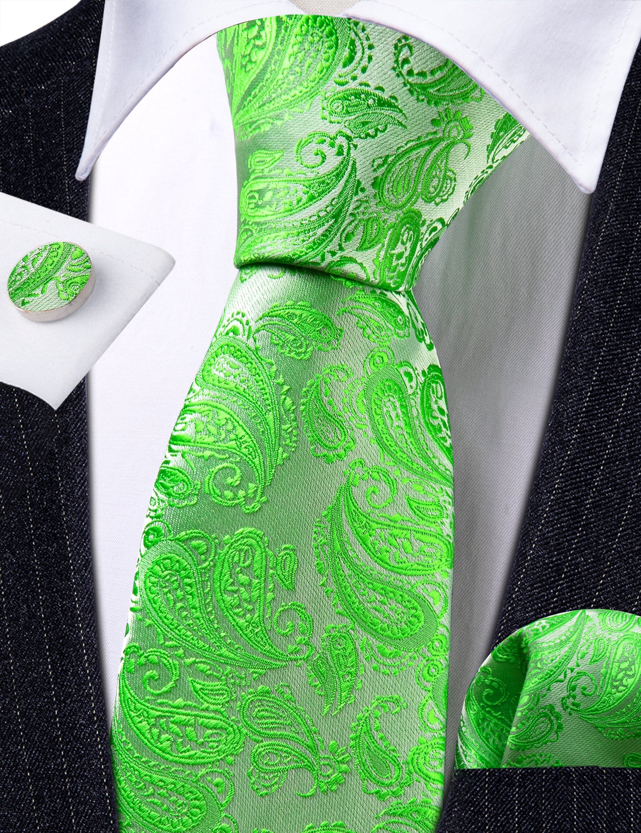 Barry Wang Green Paisley Silk 63 Inches Extra Long Tie Hanky Cufflinks Set