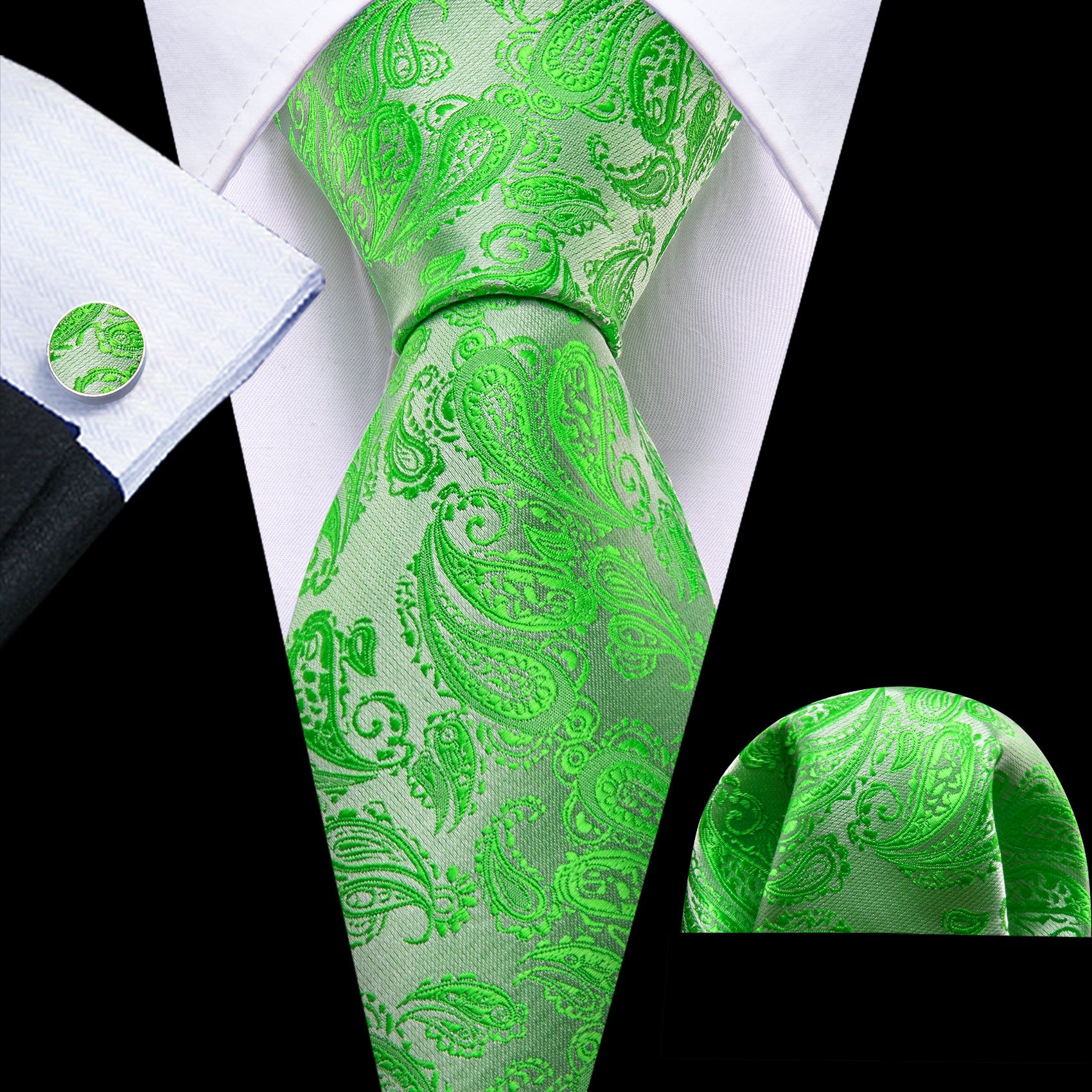 Barry Wang Green Paisley Silk 63 Inches Extra Long Tie Hanky Cufflinks Set