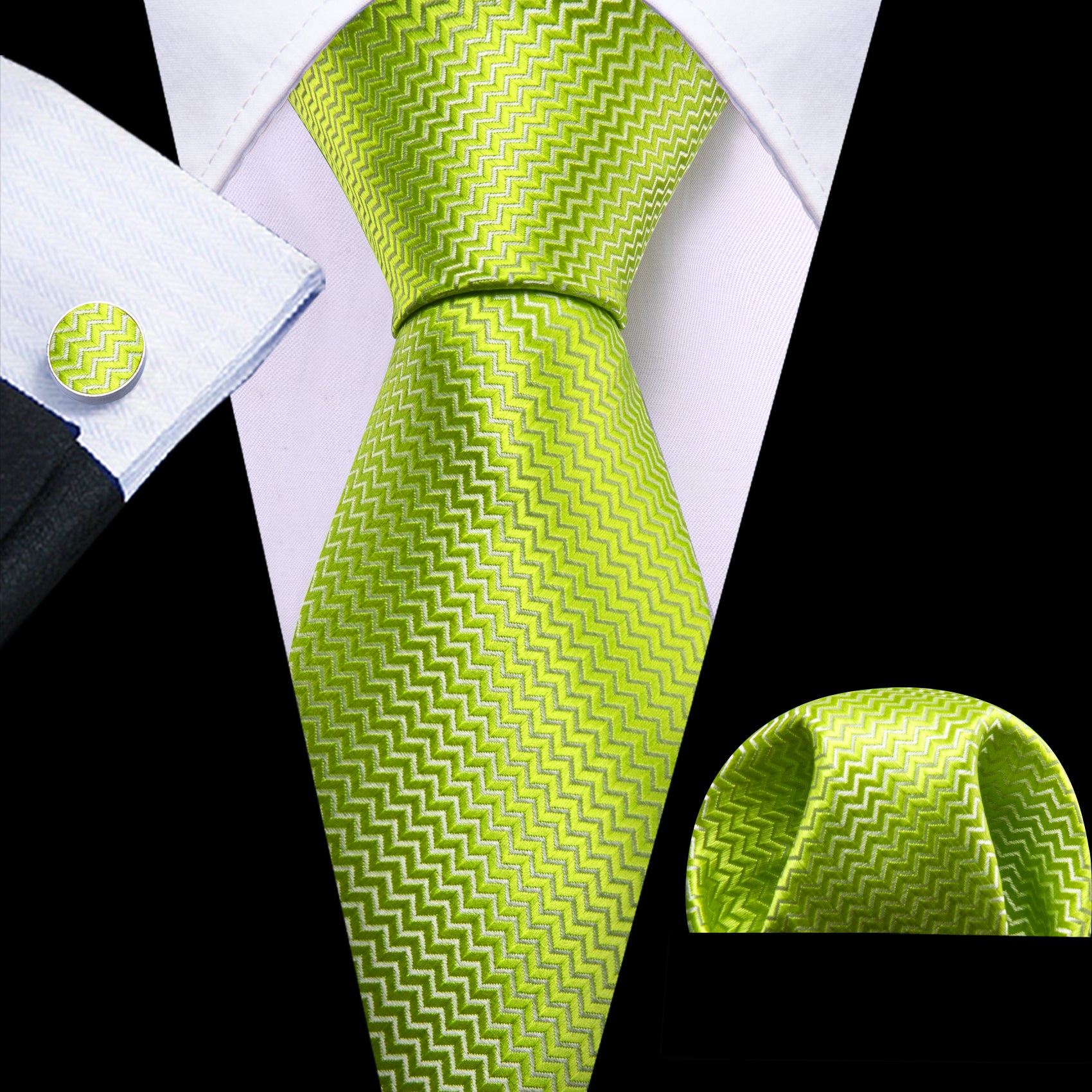 Citron Curve Silk 63 Inches Extra Long Tie Hanky Cufflinks Set