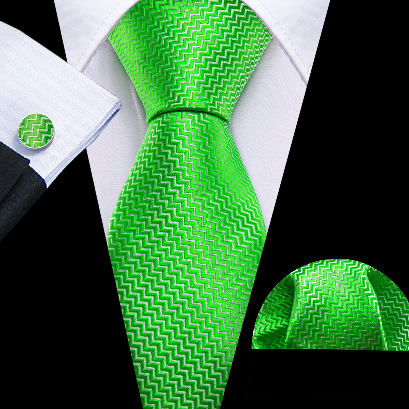 Barry Wang Extra Long Tie Green Curve Silk 63 Inches Tie Hanky Cufflinks Set