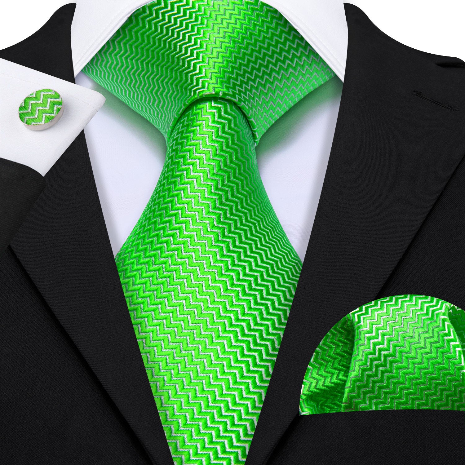 Barry Wang Extra Long Tie Green Curve Silk 63 Inches Tie Hanky Cufflinks Set