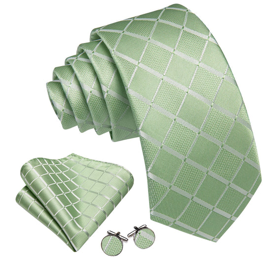 Mens Plaid Tie Mint Green Checkered Necktie Set