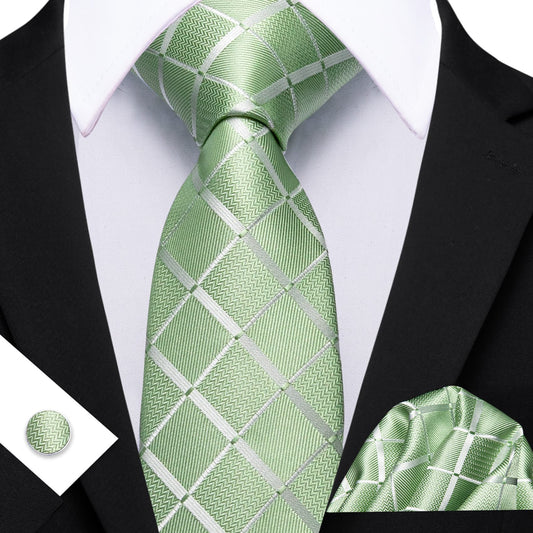 Mens Plaid Tie Mint Green Checkered Necktie Set