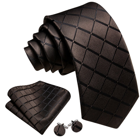 Brown Plaid Tie Black Stripes Men's Business Set Formal