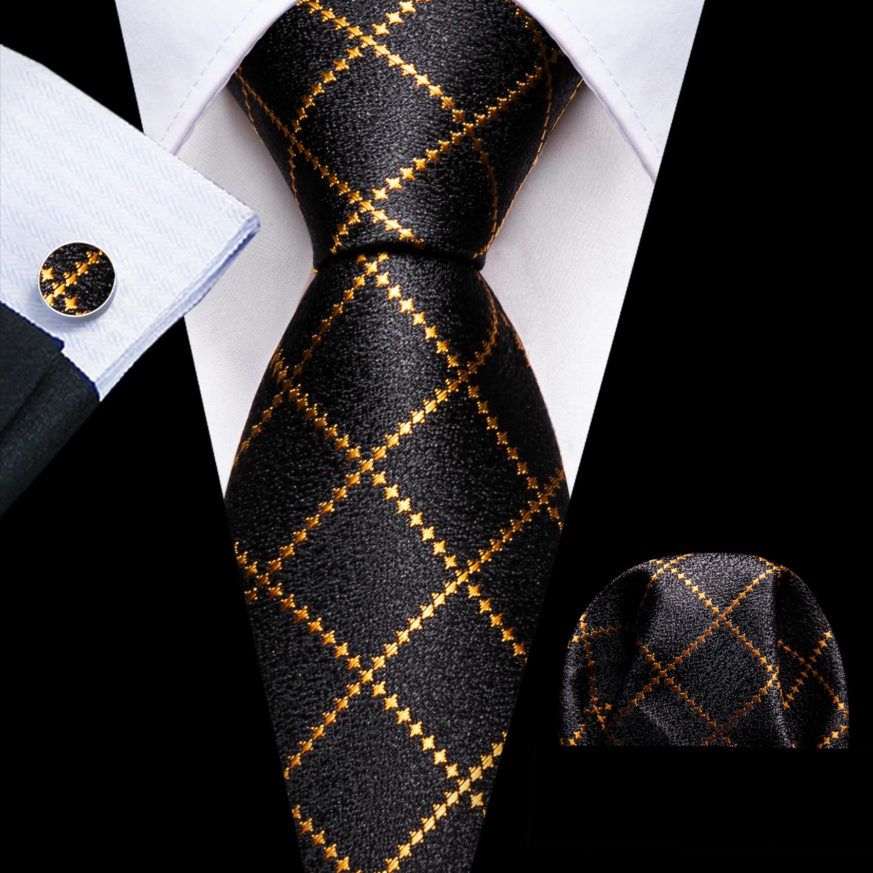 Wang Black Tie Formal Gold Checkered Men's Wedding Necktie Set
