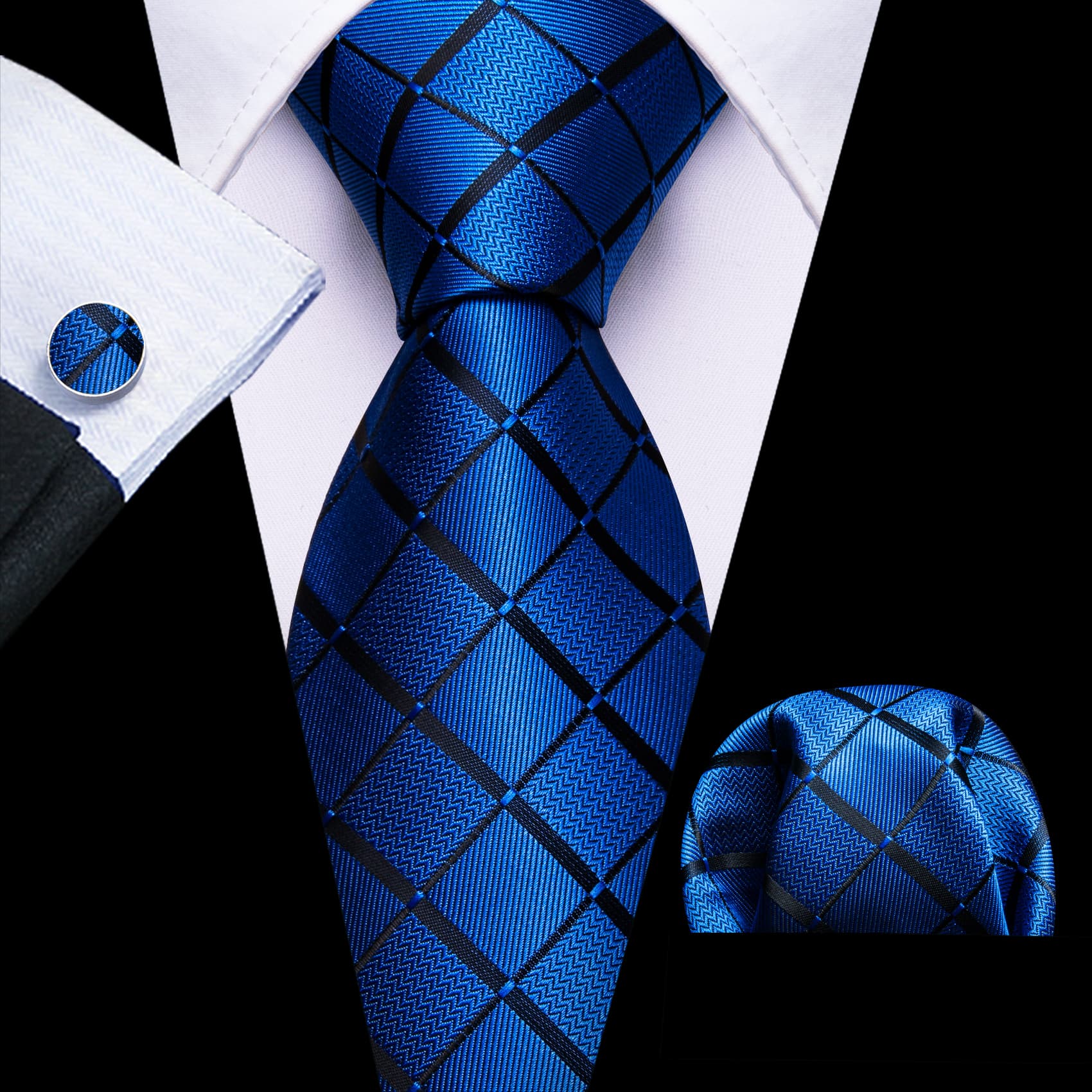 Barry. Wang Navy Blue Tie Black Lines Plaid Men's Wedding Necktie Set Barry. Wang Navy Blue Tie Black Lines Plaid Men's Wedding Necktie Set