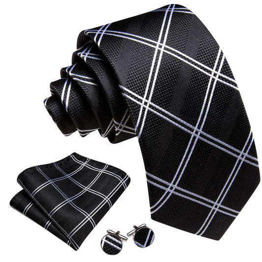 Black Tie White Lines Checkered Men's Wedding Set
