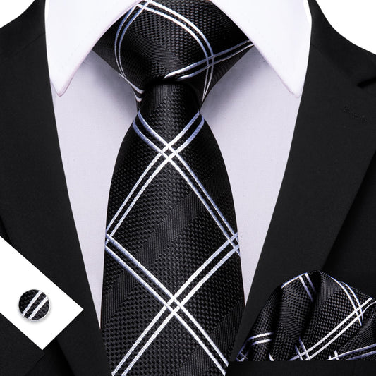 Black Tie White Lines Checkered Men's Wedding Set
