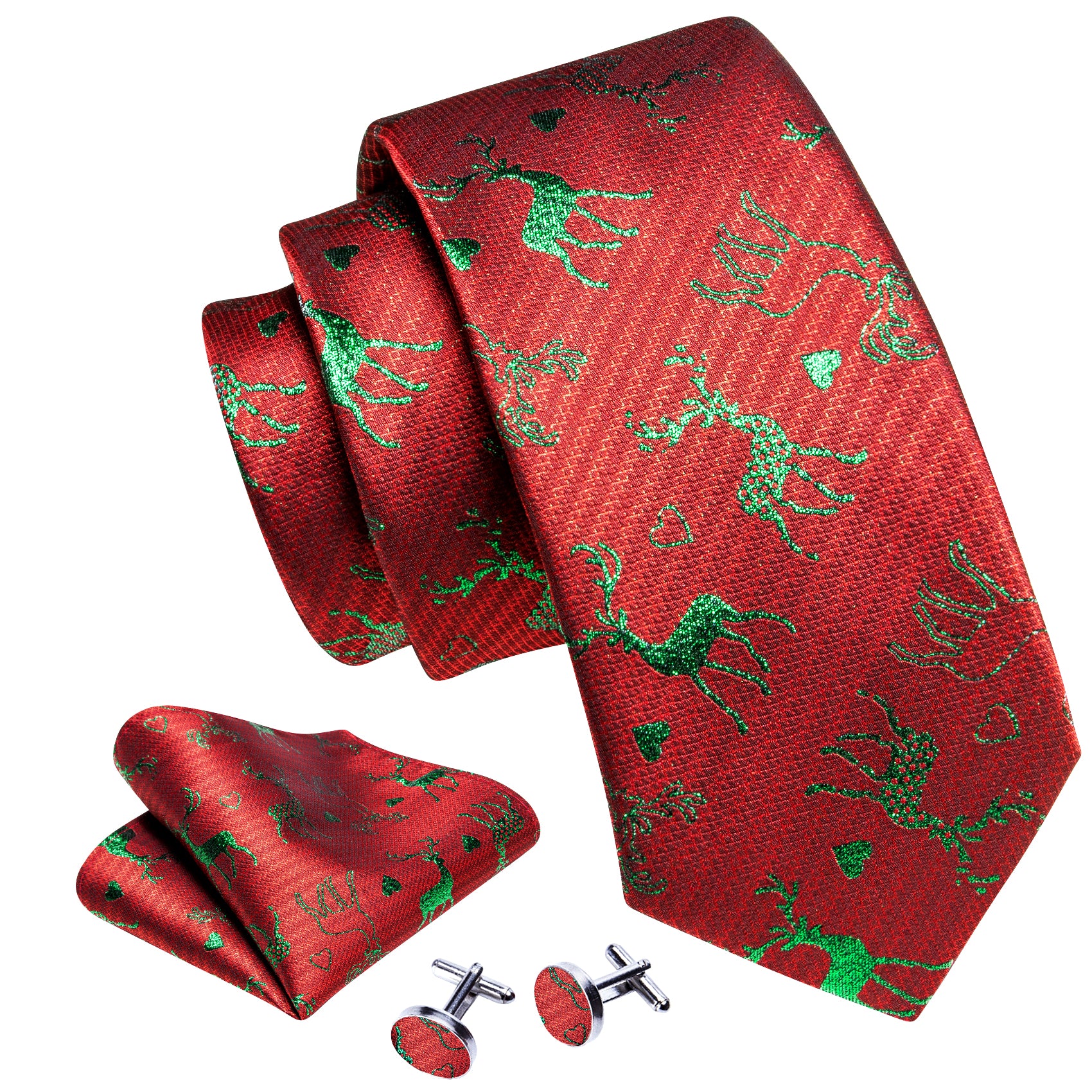 Barry. Wang Christmas Red Necktie Green Reindeer Silk Tie Hanky Cufflinks Set