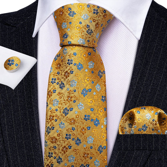 Barry. Wang Yellow Blue Flower Tie Handkerchief Cufflinks Set