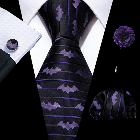 Barry. Wang Purple Bat Necktie Mens Black Tie Hanky Cufflinks Set with Lapel Pin Gift Box