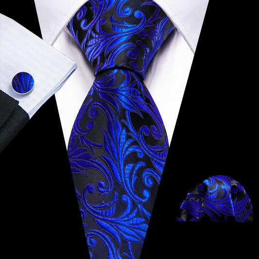 Cobalt Blue Paisley Wedding Tie Handkerchief Cufflinks Set