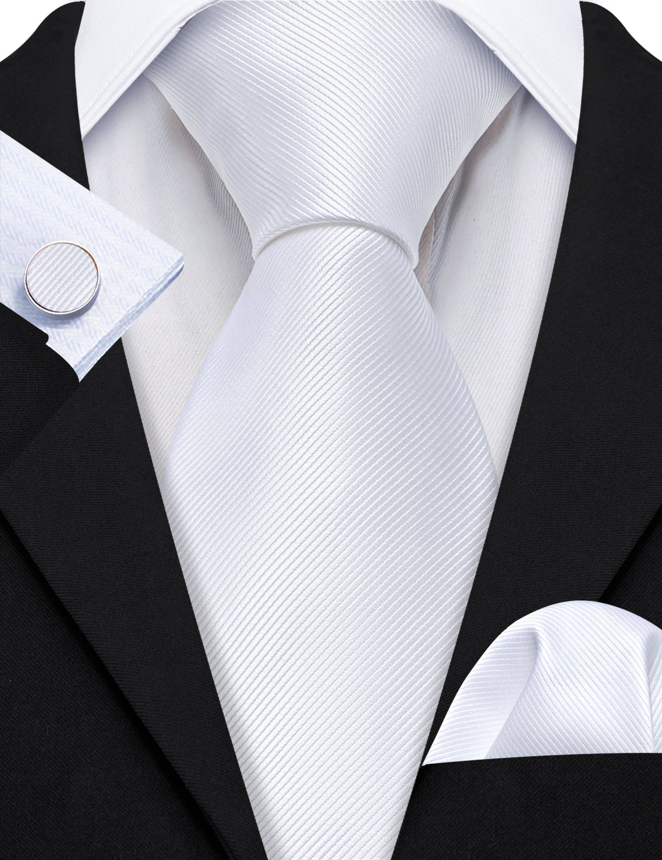 White Solid Silk Tie Handkerchief Cufflinks Set