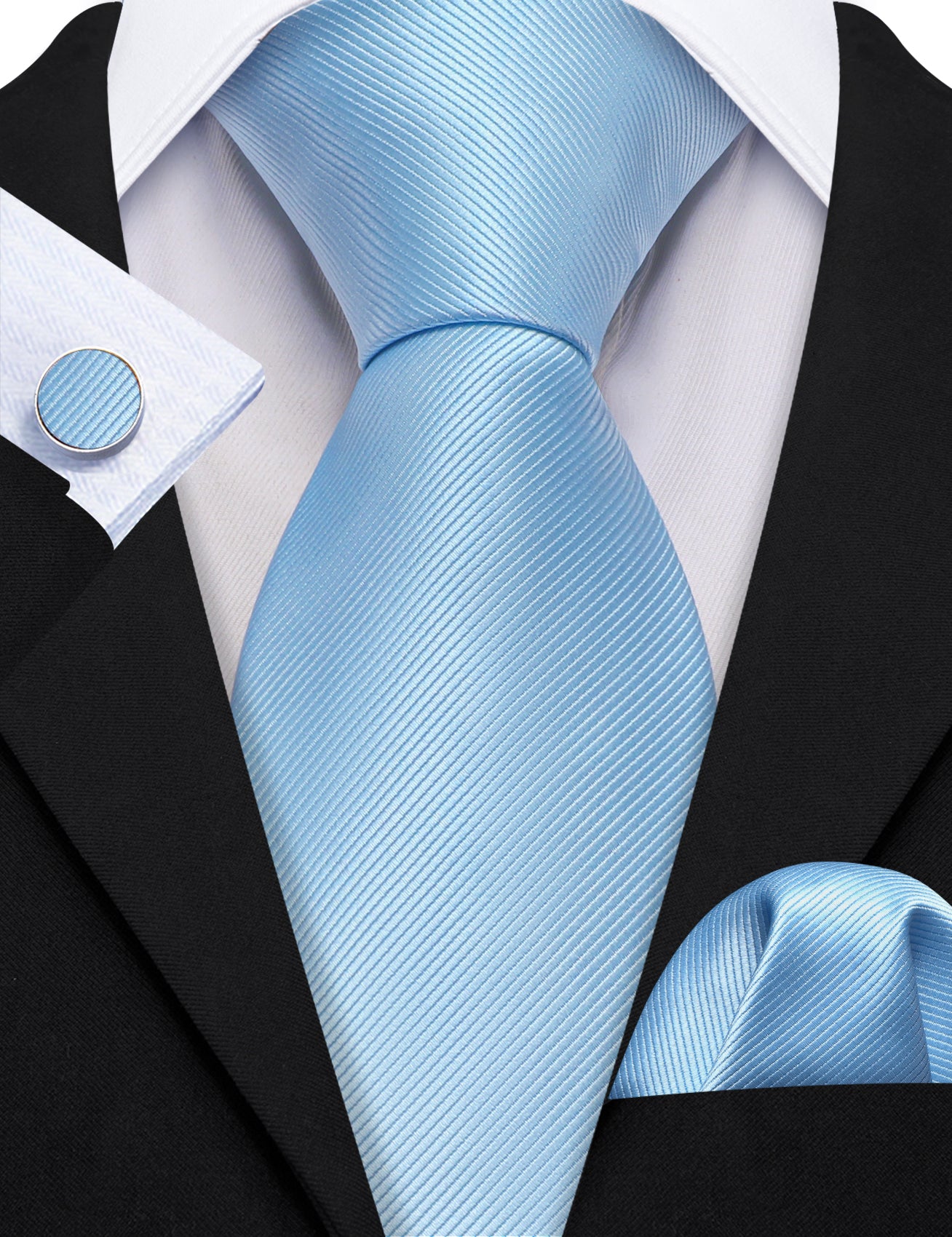Pale Blue Solid Silk Tie Handkerchief Cufflinks Set