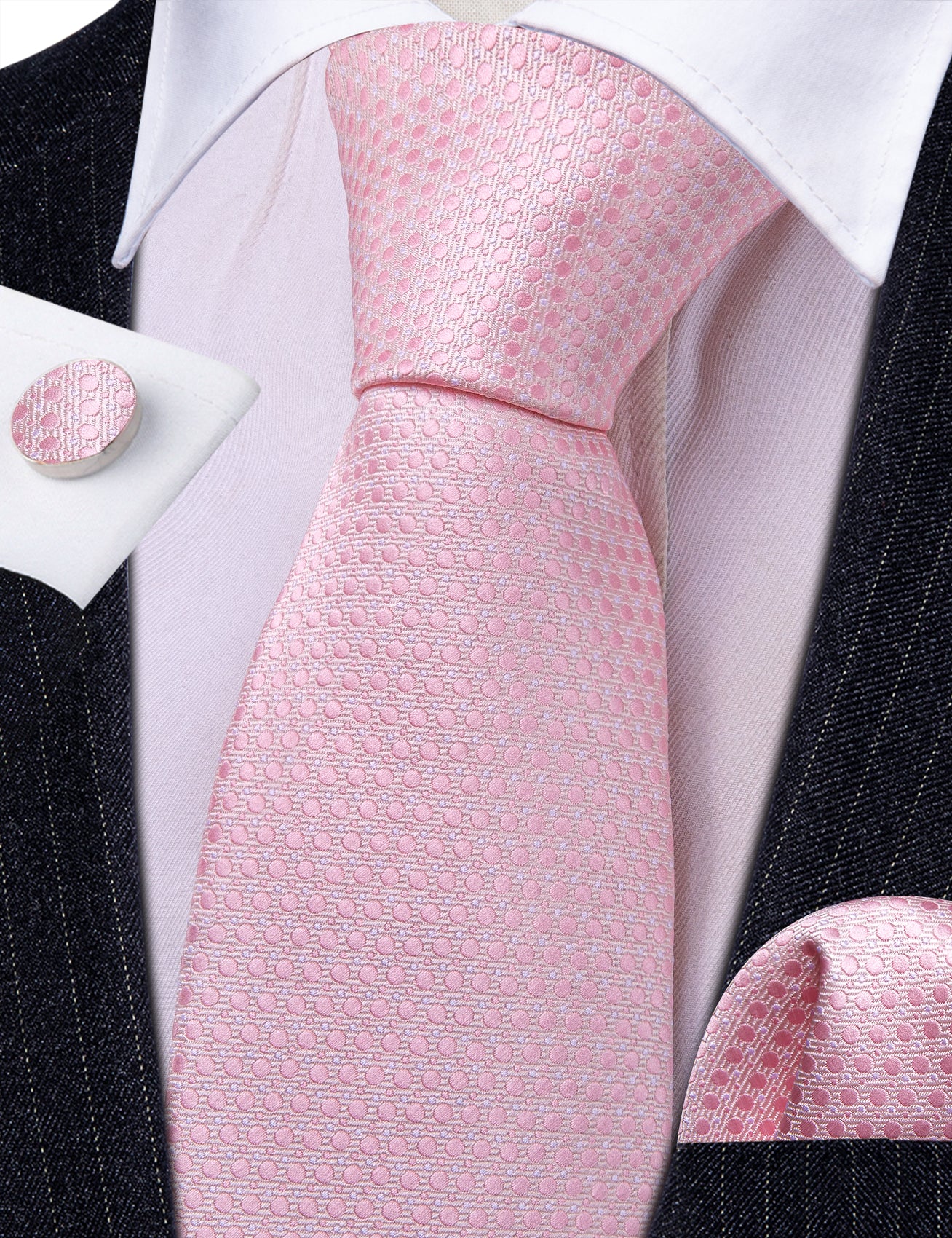 Pink Polka Dot Silk Necktie Pocket Square Cufflinks Set
