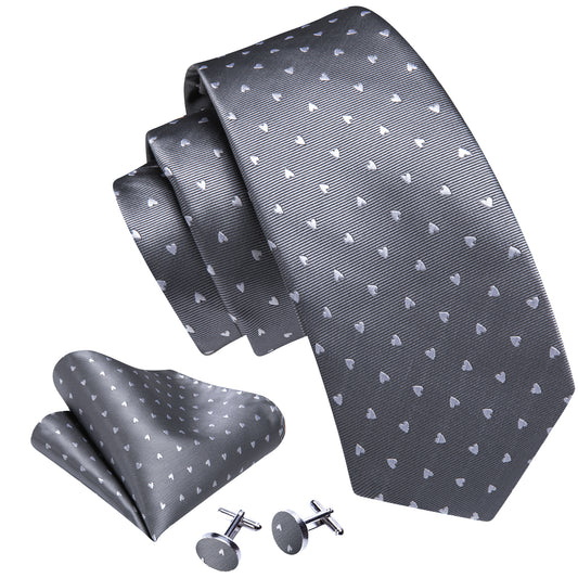 Grey Ties White Heart Pattern Necktie Hanky Cufflinks Set