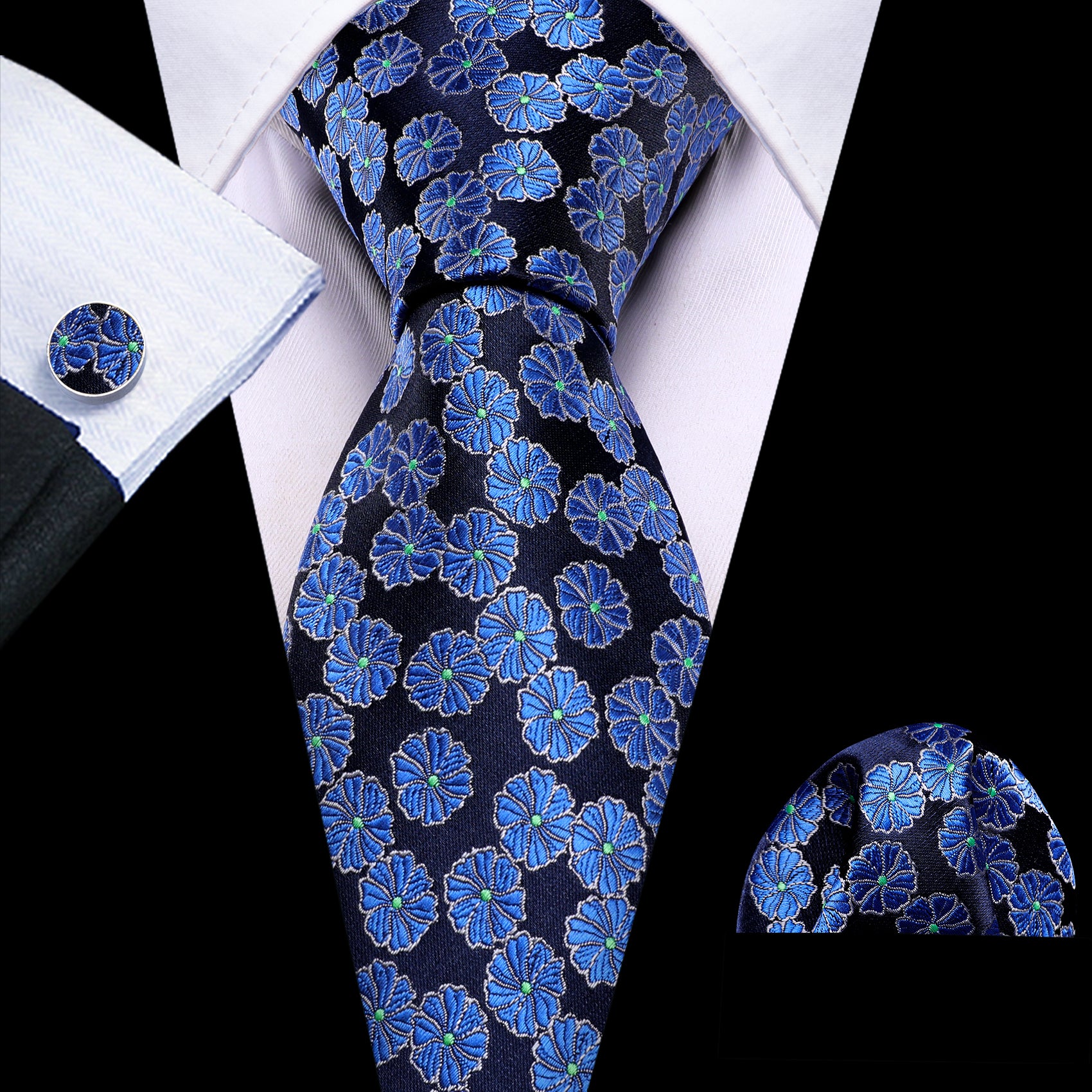blue flower tie with white shirt black suit