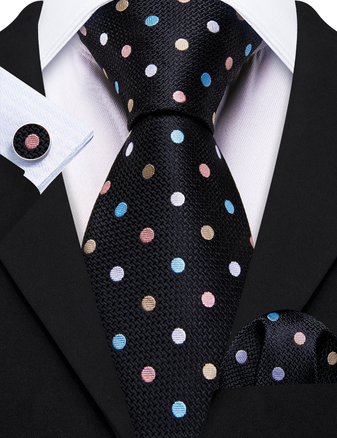 Black suit  white shirt polka dots necktie 
