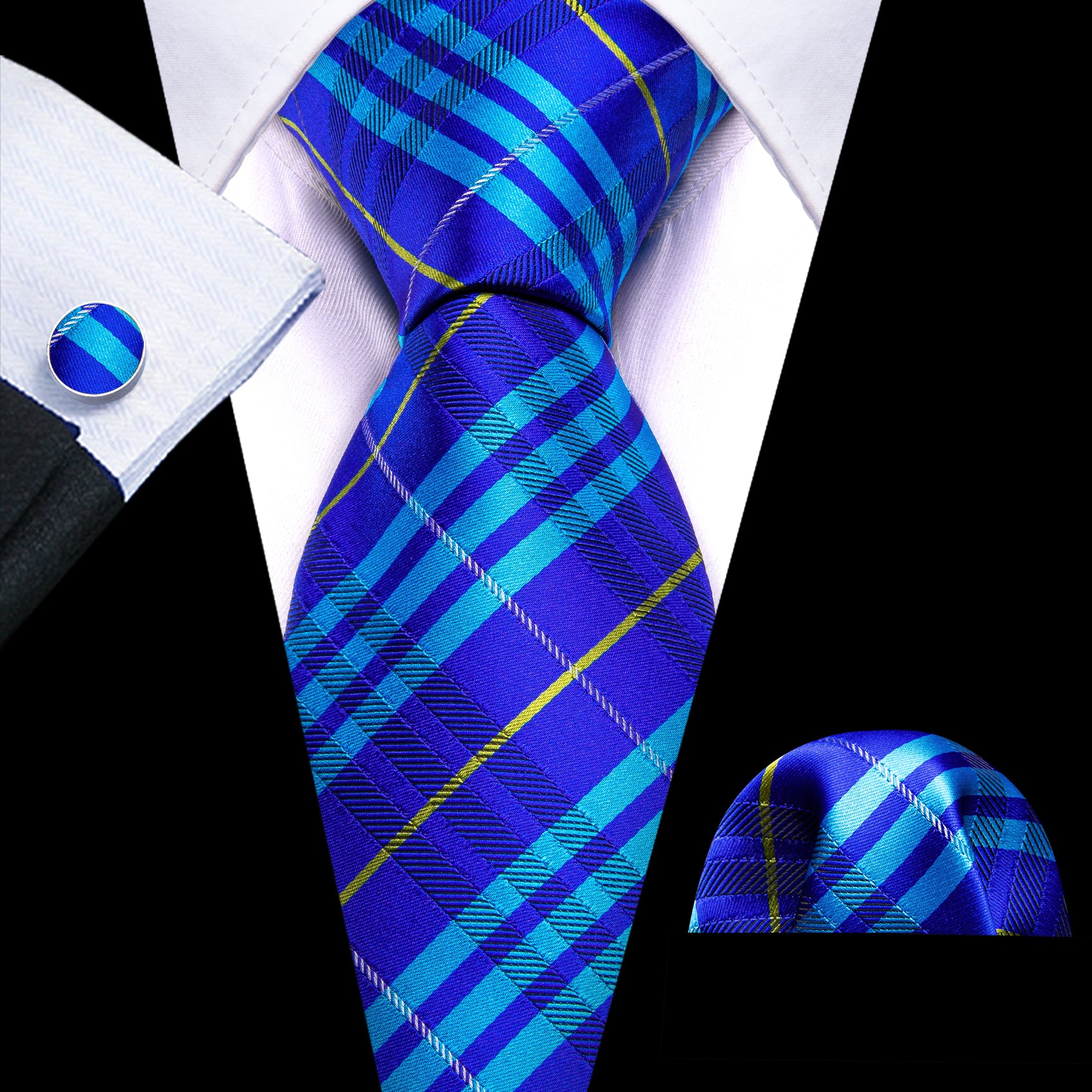 Royal Blue Necktie Sky blue stripes Yellow lines pattern checkered Tie for men with black suit white shirt
